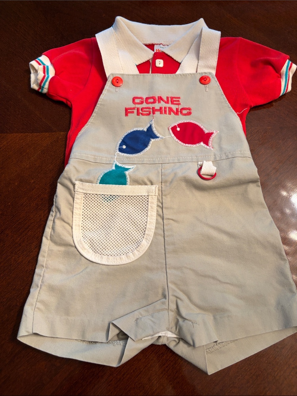 Healthtex Red Polo with White Collar and Teal & Blue Stripe Trim, along w/shorts